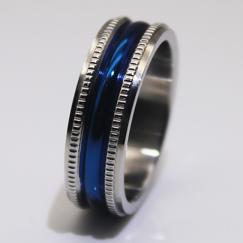 Fully polished Milgrain IP blue plated 316l Mens Stainless Wedding Bands