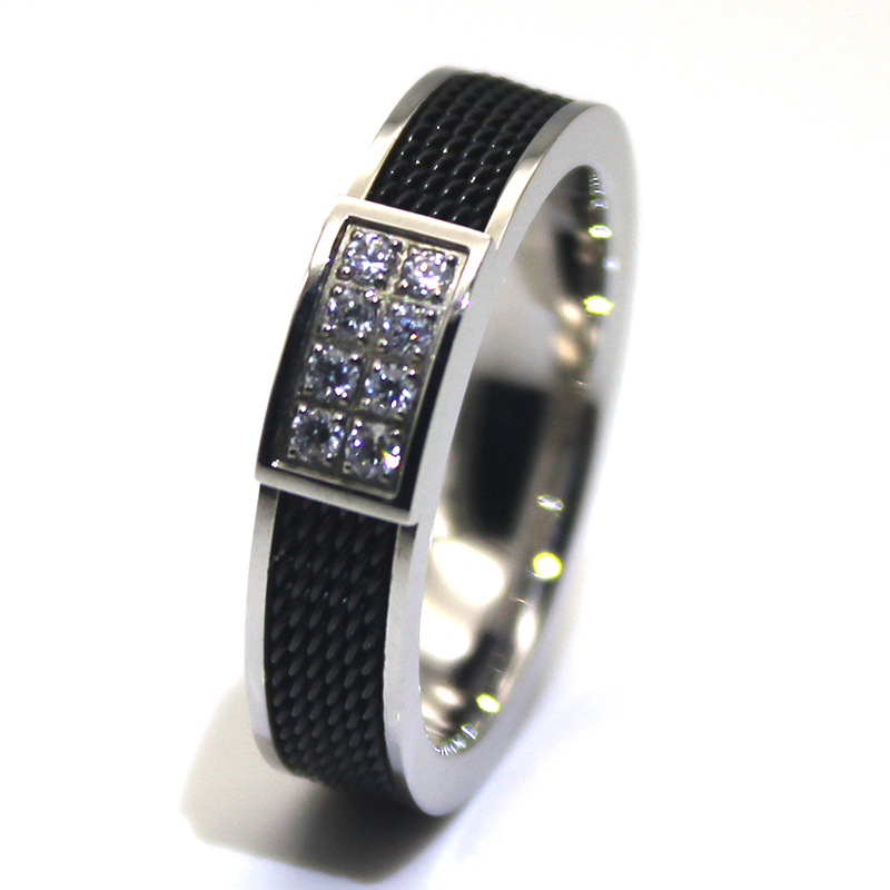 6mm IP Black Plated Steel Rope inlay CNC Stone Setting 316l Stainless steel Ring for men women
