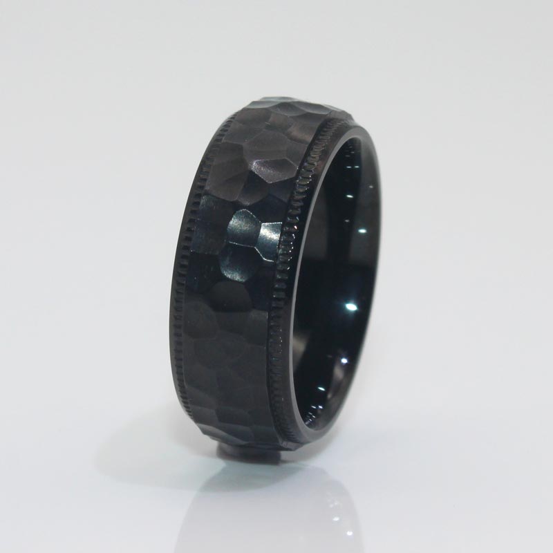 8mm IP Black Stainless Steel Ring Hammered Style Milgrain for men