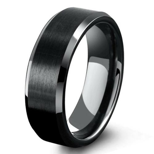 Men’s 8mm Beveled Edges Matt Brushed IP Black Tungsten Carbide Rings