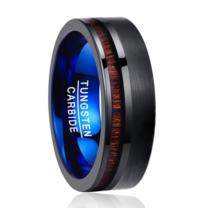 Two Tone Blue Tungsten Ring Black Tungsten Carbide Wedding Ring with Koa Wood Inlay