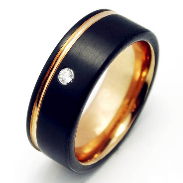 Two Tone Black and Rose Gold Tungsten Carbide Rings with Cubic Zirconia Stone