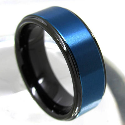Men's Wedding Band Blue Matte Tungsten Carbide Ring with Black Edge