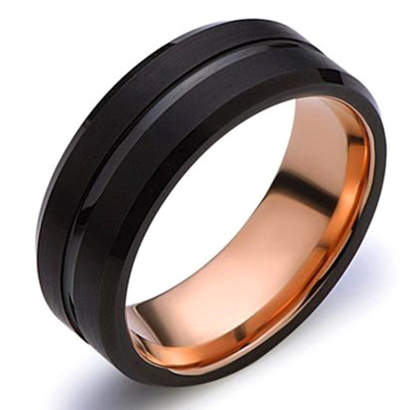Stripe Black and Rose Gold Tungsten Wedding Ring for Men 8mm