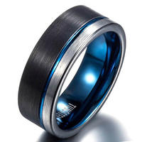 Blue Groove Line Tungsten Ring For Men's Gift