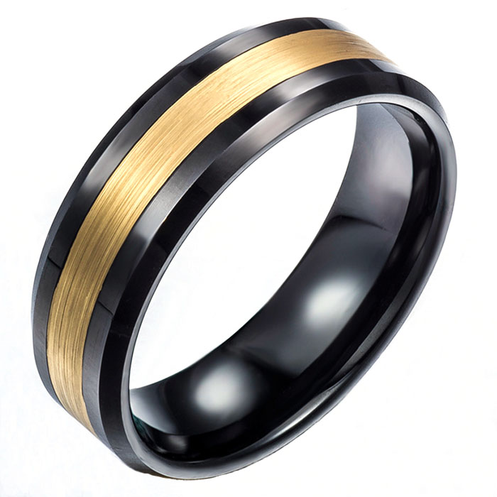 Men's 8mm Gold Brushed Center & Black Tungsten Carbide Wedding Band Ring