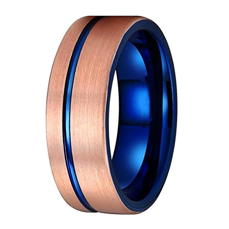 Blue and Rose Gold Tungsten Carbide Wedding Band for Men with Groove