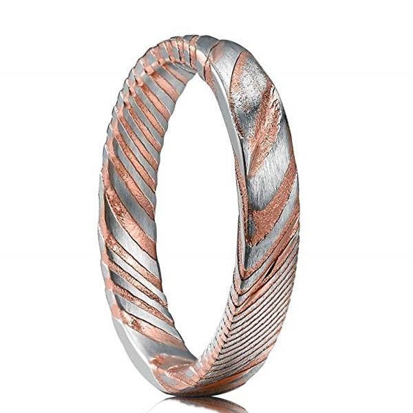 Rose Gold Damascus Steel Wedding Bend for Men 4mm Women Ring