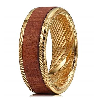 Hawaii Koa Wood Inlay Gold Damascus Steel Wedding Ring