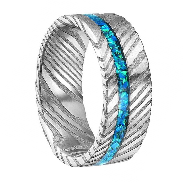 Opal Damascus Steel Inlay Wedding Ring for Men Women
