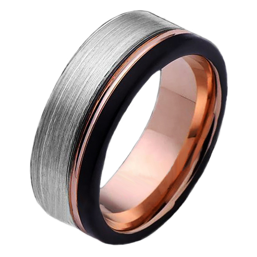 Tungsten Carbide Wedding Rings Black and Rose Gold Offset