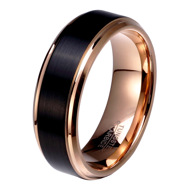 Tungsten Ring Black and Rose Gold Plating Beveled Step Edge Price