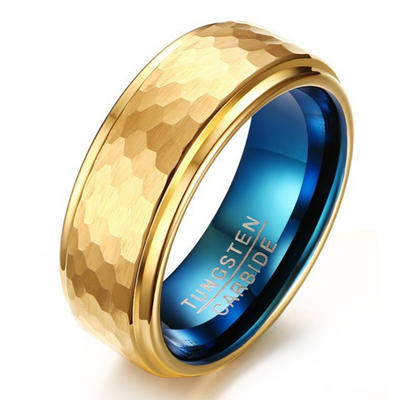 Men's Luxury Gold and Blue Hammered Tungsten Wedding Ring