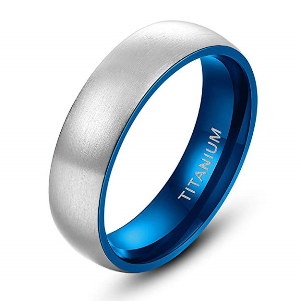 Dome Silver and Blue Titanium Wedding Ring for Men Women