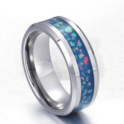 Shiny Blue Fire Opal Stainless Steel Wedding Rings Comfort Fit