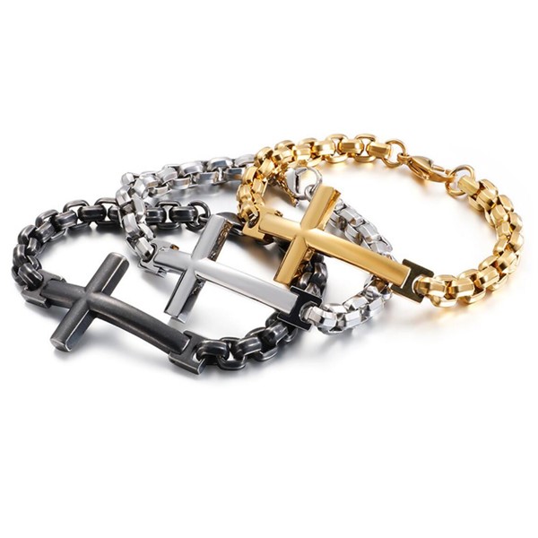Fashion Jewelry Antique Stainless Steel Pearl Chain Cross Bracelet for Men Women