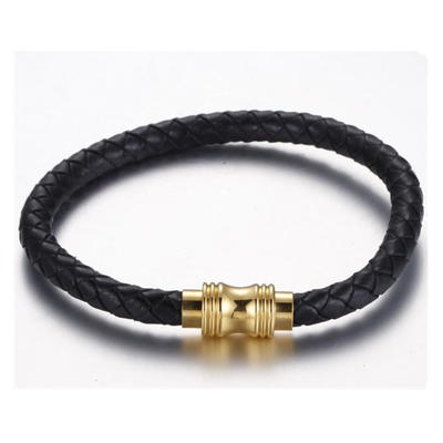 Gold Stainless Steel Clasp Men's Black Red Cow Leather Bracelet