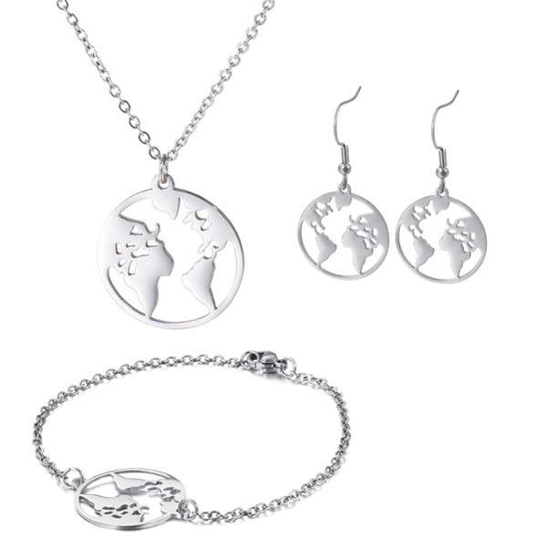 World Map Bracelet Necklace Earrings Jewelry Set Stainless Steel
