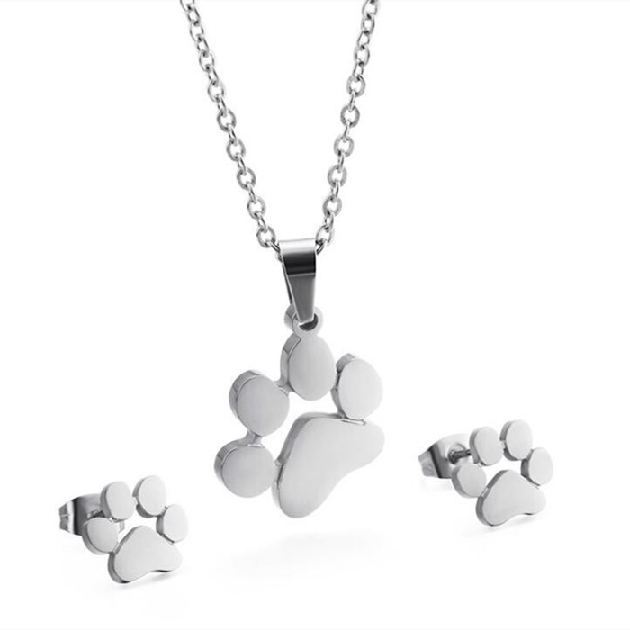 Dog Puppy Claw Shape Stub Earrings and Necklace Women Jewelry Set